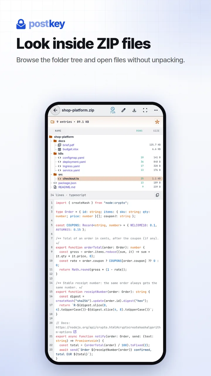 Postkey: code opened inside a ZIP archive
