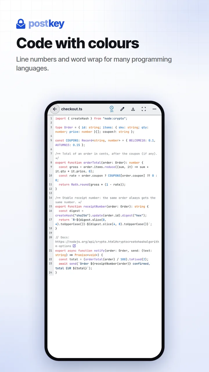 Postkey: code with syntax highlighting