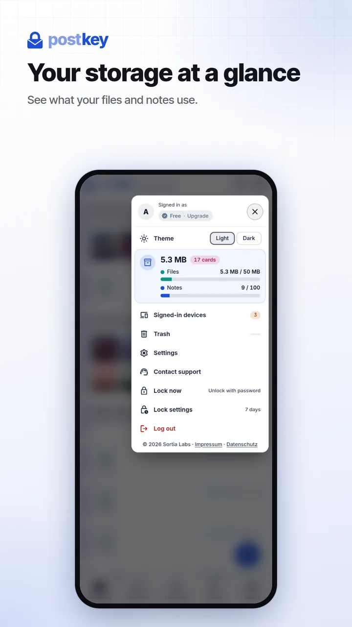 Postkey: storage in the account menu