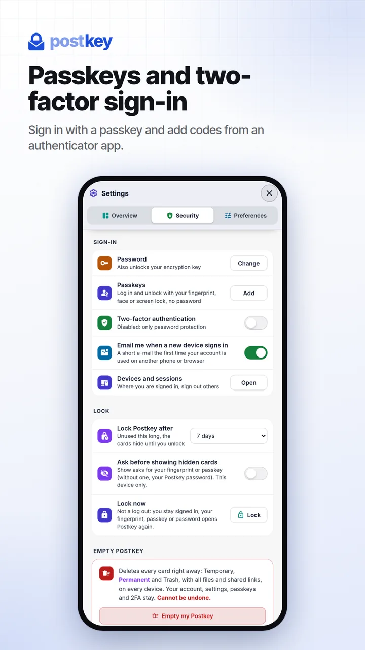Postkey: security settings