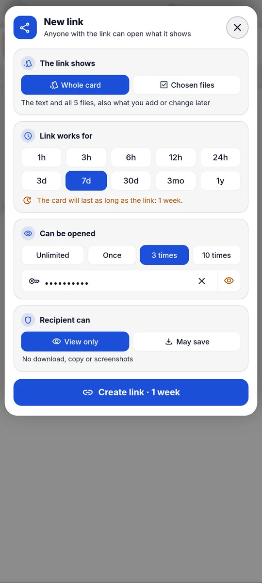 Postkey: share link with expiry, opens and password