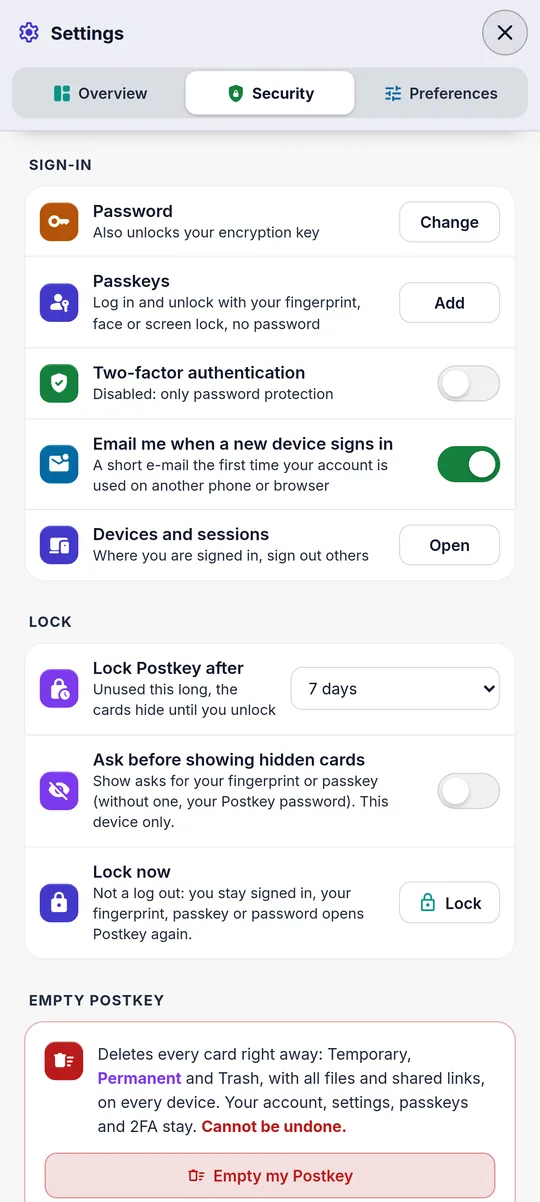 Postkey: security settings