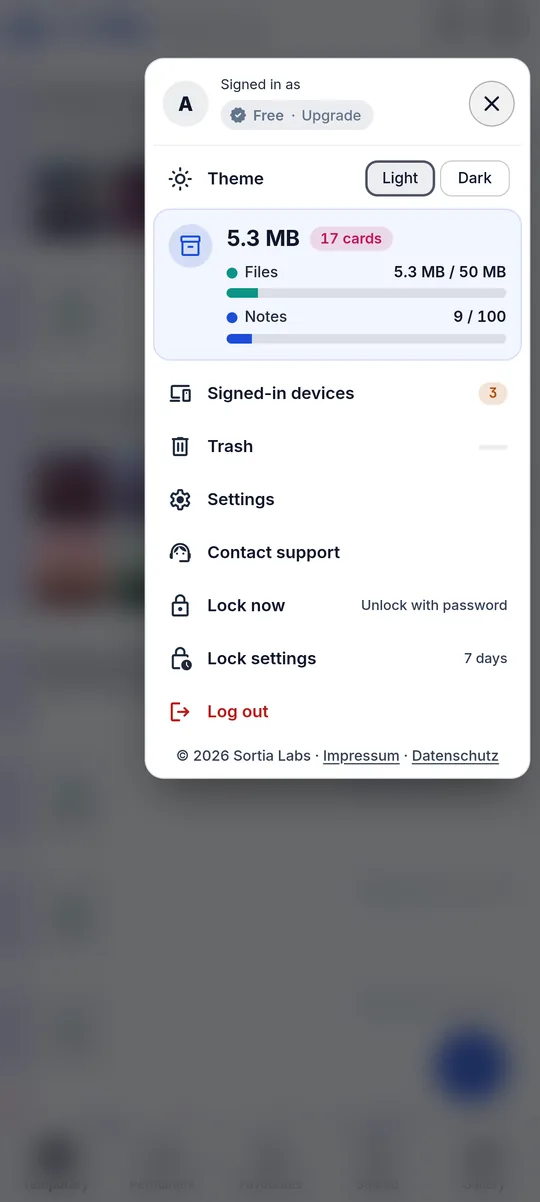 Postkey: account menu with storage