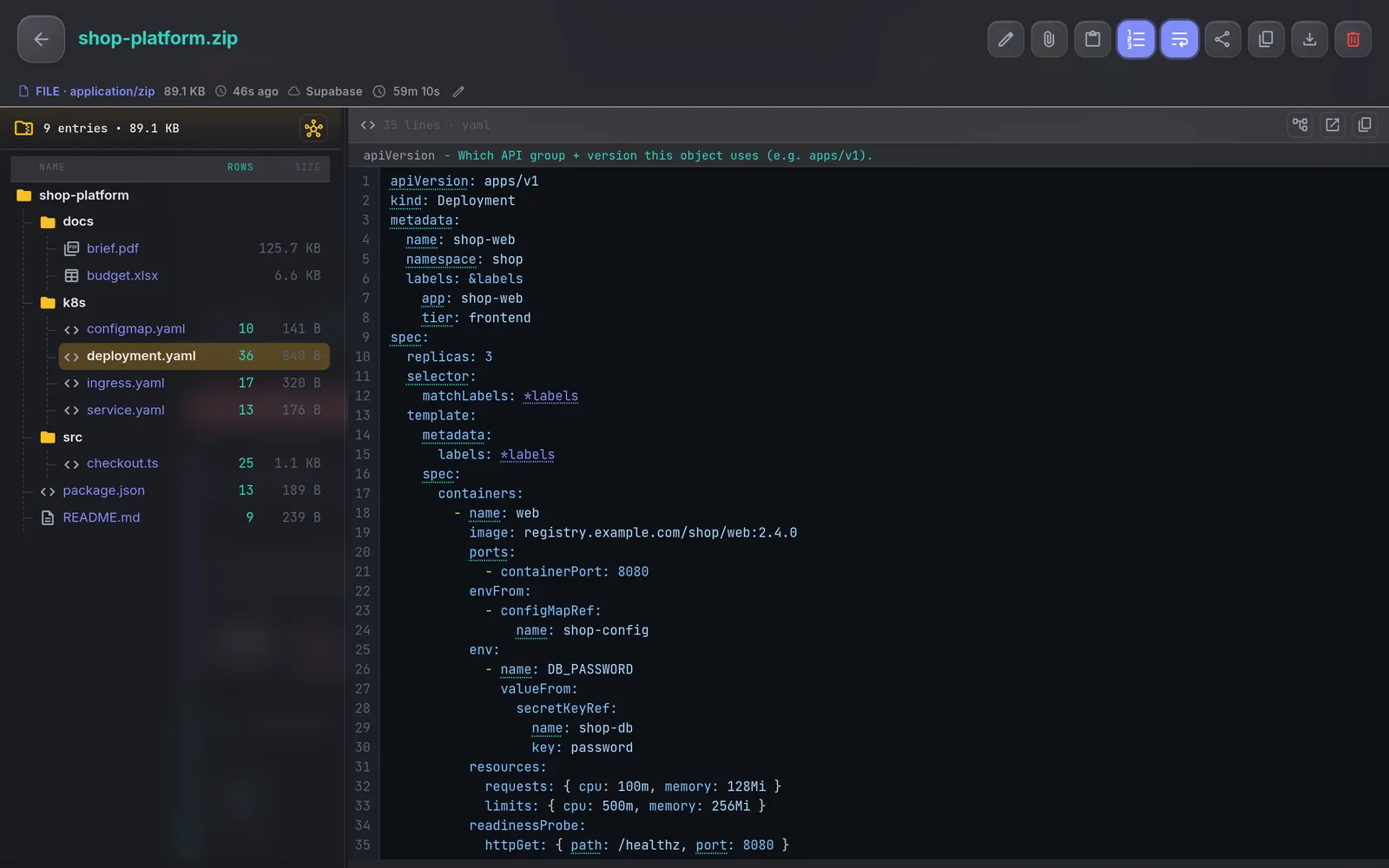 Archiv ZIP v Boxu: vlevo strom složek, vpravo soubor YAML pro Kubernetes se zvýrazněním syntaxe